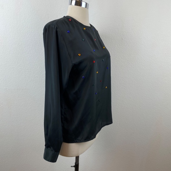 Vintage 90s Black Slinky Rhinestone Blouse Med/Large Long Sleeves Evening Party - Picture 9 of 9